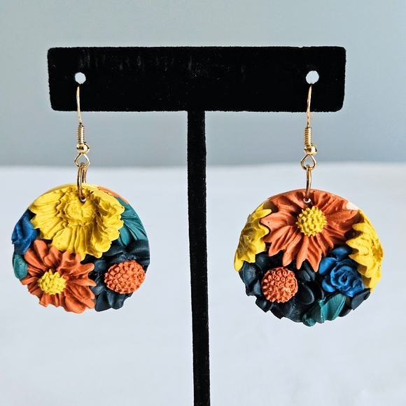 Subtle Delights Jewelry - SD Flower Wall Autumn Palette Yellow/Blue/Orange Bohemian Floral Gold Earrings